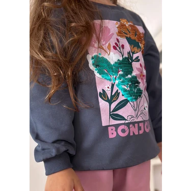 Cigit Çiçek Basdkılı Pullu Sweatshirt 1-10 Yaş