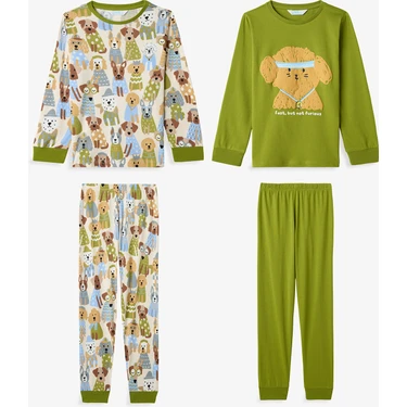 Penti Yağ Yeşili Erkek Çocuk Runner Dog Uzun Kollu Pamuklu 2'li Pijama