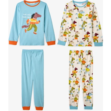 Penti Ekru Erkek Çocuk Look Retro Uzun Kollu Pamuklu 2'li Pijama