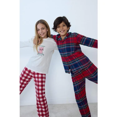 DeFacto %100 Pamuklu Desenli Flanel Beli Lastikli Pijama Takımı Erkek Çocuk