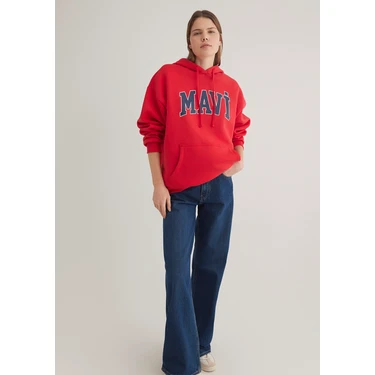 Mavi Mavi Logo Baskılı Kapüşonlu Kırmızı Sweatshirt