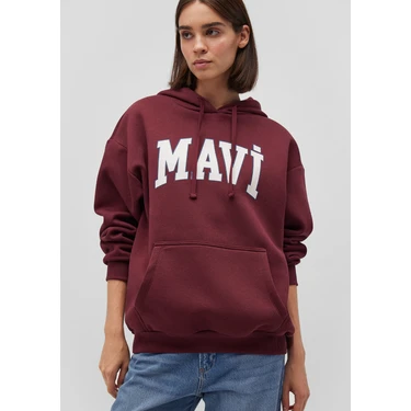 Mavi Mavi Logo Baskılı Kapüşonlu Bordo Sweatshirt