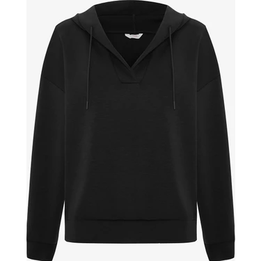 Penti Siyah Kapüşonlu V Yaka Oversize