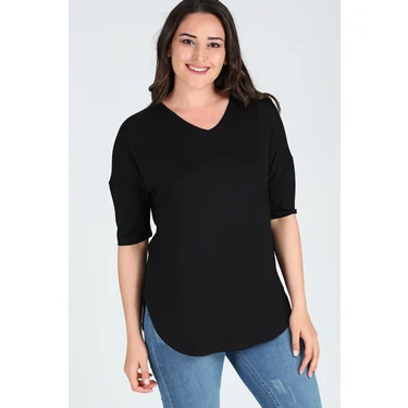 Curvy Trend Büyük Beden Yan Yırtmaç Yarım Kol Bluz