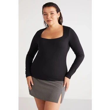 ETHIQUET Aadabb Kadın Büyük Beden Slim Fit Dar Kesim Vücudu Saran Kare Yaka Uzun Kollu Siyah Büyük