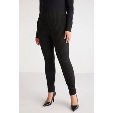 ETHIQUET Abrıellebb Kadın Örme Çizgili Slim Fit Dar Paça Siyah - Beyaz Büyük Beden