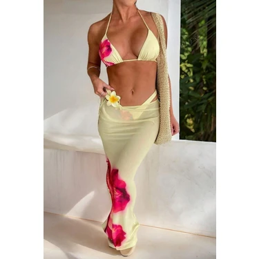 Sarı Desenli 3'lü Plaj Kombini Bikini Takımı ve