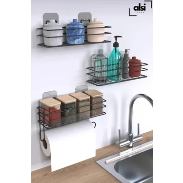 Alsi Home Yapışkanlı Mutfak Rafı Baharatlık 3lü Metal Kağıt Havluluk Siyah Standlı Şık Mutfak Raf