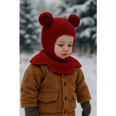 Meriç Bebe Kız-Erkek Çocuk Ponponlu Dikişsiz Lüx Triko Balaklava Bere Kar