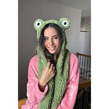Buboi Knit Kurbağa Gözlü Birleşik Atkı Şapka Takımı El