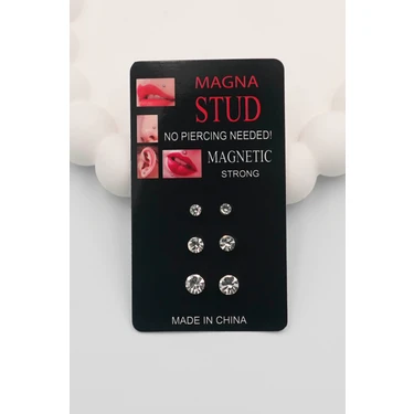 2-4-6 mm Unisex Çelik Küpe Beyaz Zirkon Taşlı 3 Çift Mıknatıslı Manyetik Çelik