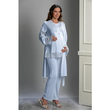 Mavi Özel Tasarım Hamile ve Lohusa Pijama Takım 3'lü Set -