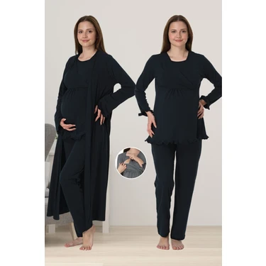 Effortt Lacivert Sabahlıklı Hamile Lohusa Pijama