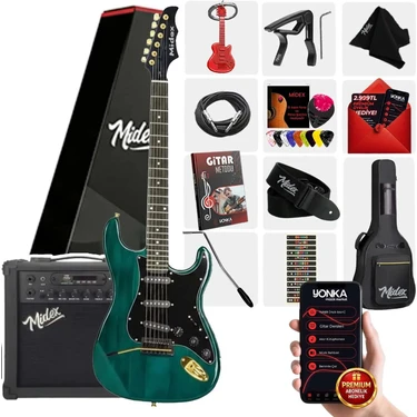 Midex GLC-40GR-AMP Elektro Gitar Seti 25 WATT Şarjlı BT Amfi Full