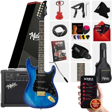 Midex GLC-40BL-AMP Elektro Gitar Seti 25 WATT Şarjlı BT Amfi Full