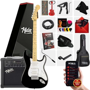 Midex RPH-40WB-25AMP Siyah Beyaz 25W Şarjlı BT Amfili Elektro Gitar Seti HSH Manyetik Maple