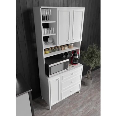 Stella Country Kahve Köşesi Beyaz-Meşe 90CM, Erzak Dolabı, Kiler Dolabı, Çok Amaçlı Mutfak