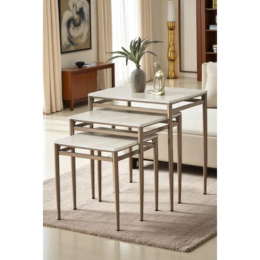 Fursimo Damrin Serisi Traverten Desen 1. Sınıf Mebran Mdf 3’lü Zigon Sehpa Takımı - Bronz