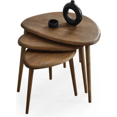 Faw Decor Doğal Ahşap Zigon Sehpa 3'lü Set, Modern Masif Yan