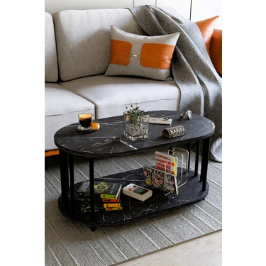 Modern Oval Orta Sehpa Çift Katlı Metal Ayaklı Salon, Ofis, Dekoratif Sehpa, Kahve