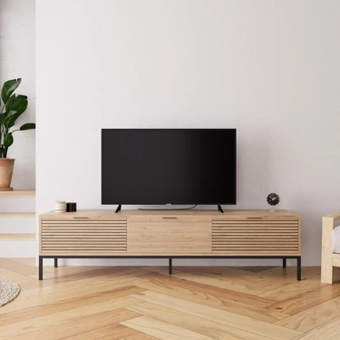 Bimossa E0060 180 cm Alya TV Sehpası 78'' TV Uyumlu Şık Metal Ayaklı Modern Depolama Alanlı TV