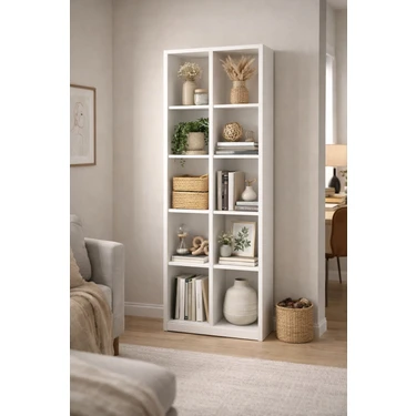 Alesta Life 10 Göz Raflı Beyaz Kitaplık Suntalam Malzeme ile 162 cm Yükseklik ve 55 cm