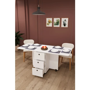 Asra Trend Lüks Katlanır Mutfak Yemek Masası %100 MDF Pratik Çekmeceli Çalışma Masası