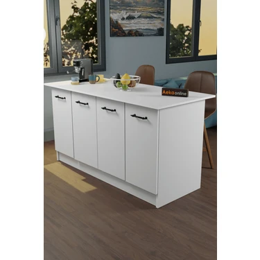 Aeka AE-2040 Vera Mutfak Adası Bar Masası Yemek Masası Dolaplı, Beyaz - Beyaz Raflı, Çok Amaçlı 160