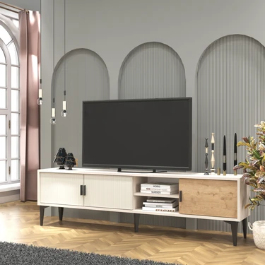 Cool Home Marin Tv Ünitesi Tv Sehpası 180 cm Çizgi Desenli , Raflı , Sis Gri(BEYAZ