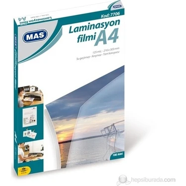 Mas A4 Boyut Laminasyon Kaplama Filmi 125 micron 100'Lü