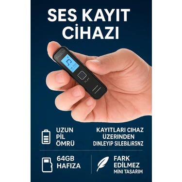Mini Ses Kayıt Cihazı Ekranlı Kulaklık Hediyeli 64GB Cihaz Üzerinden Kayıt Dinleme