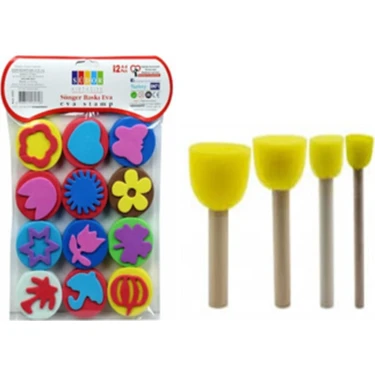 Simrak EVA Sünger Baskı Seti – Ergonomik Saplı 12 Renkli Ponpon ve 4 Fırça, El Sanatları ve Okul