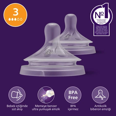 Philips Avent Doğal Tepkili 3 Numara Silikon Biberon Emziği 0+ Ay Orta Akış 2'li Paket