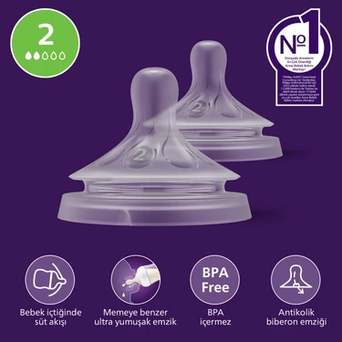 Philips Avent Doğal Tepkili 2'li Biberon Emziği, 2 Numara,