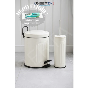 Vintage Banyo Seti Beyaz Çöp Kovası 5lt Tuvalet Fırçası Lüks