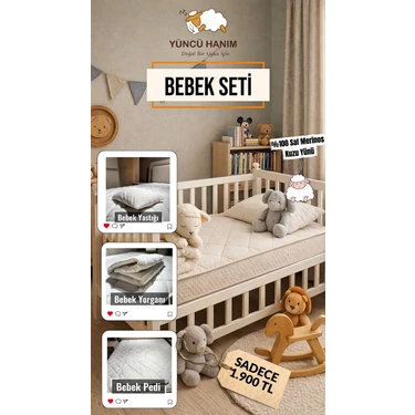 Yüncü Hanım  Yün Dolgu Bebek Uyku Seti 3'lü Paket (Yün Yorgan + Yün Alez + Yün