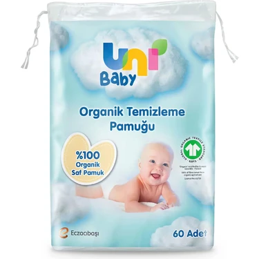 Uni Baby Organik Temizleme Pamuğu 60 Adet %100 Saf Pamuk Hassas Ciltler İçin Dermatolojik