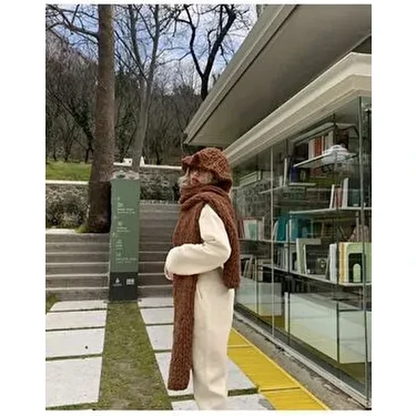 Alm Peluş Örgü Atkı Şal Mbcr Kahverengi Kadın Kış Sezonu İçin Yumuşak ve