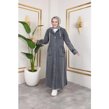 Kadın Cepli Düğmeli Kapüşonlu Denim Kot