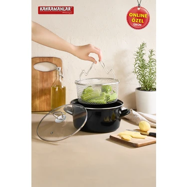Kahramanlar Cips Chef 22 cm Emaye Kızartma Tenceresi Kolay Temizlik Sağlayan Siyah Cam