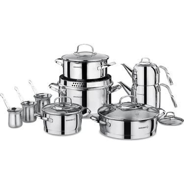 Korkmaz Steama 15 Parça Çelik Çeyiz Seti Inox Kaplama Derin Tencereler ve Pilav