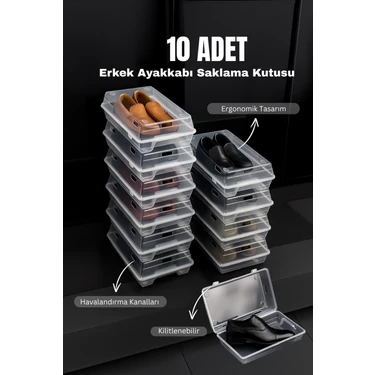 10’lu Şeffaf Erkek Ayakkabı Saklama Kutusu - Hava Delikli, Istiflenebilir