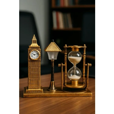 Snow Homs Işıklı ve Saatli Biblo Ofis Kum Saati Biblo Kum Saati London Masa Üstü Biblo 16 cm x 16