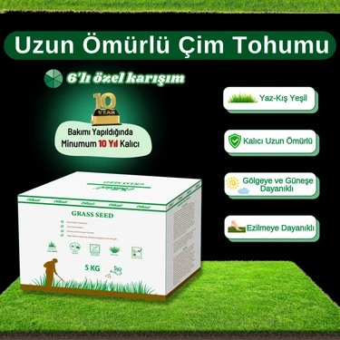 Ebitkisel Çok Yıllık Çim Tohumu 5 kg Uzun Ömürlü 6'lı Karışım Gölge ve Aşırı Güneşli Alan Uygun
