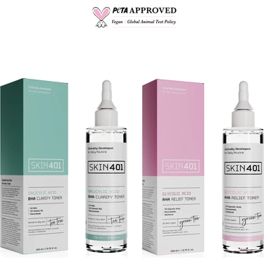 Skin401 Cilt Bakım Seti 200 ml Salisilik Asit BHA ve Glikolik Asit AHA Vegan