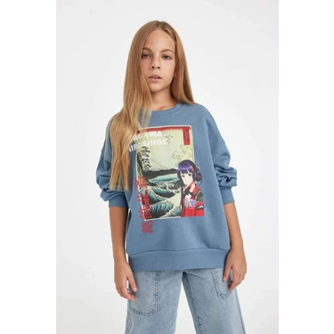DeFacto Hatsune Miku Relax Fit Bisiklet Yaka İçi Yumuşak Tüylü Sweatshirt Kız Çocuk