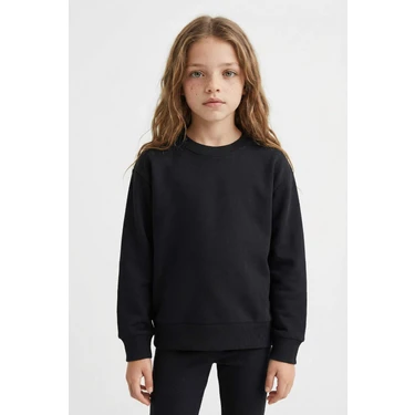 DeFacto Relax Fit Bisiklet Yaka Basic Düz Okul Sweatshirt Kız Çocuk