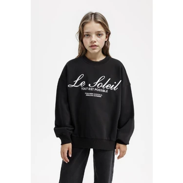 DeFacto Oversize Geniş Kalıp Bisiklet Yaka Baskılı Sweatshirt Kız Çocuk
