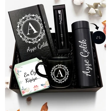 As Gift Kişiye Özel Siyah 500 ml Dereceli Termos & Defter & Kupa & Kalem Hediye