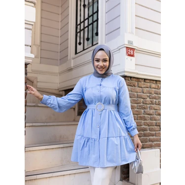 Harma Time Butik Kadın Düğmeli Kemer Detaylı Mavi
